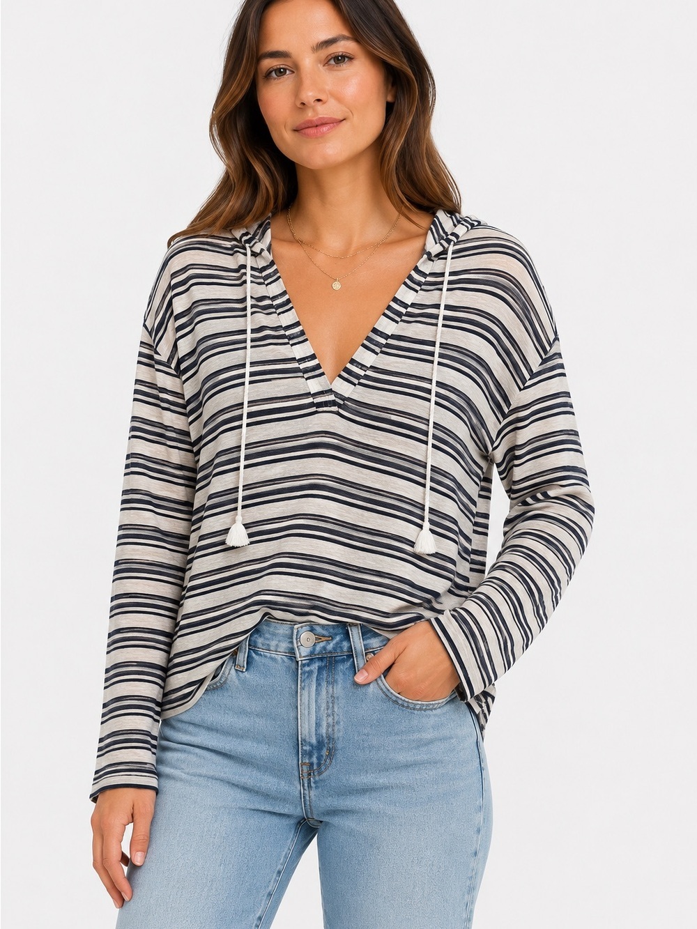 NWT Tahari Navy and White Striped Linen Hooded Top, Size M